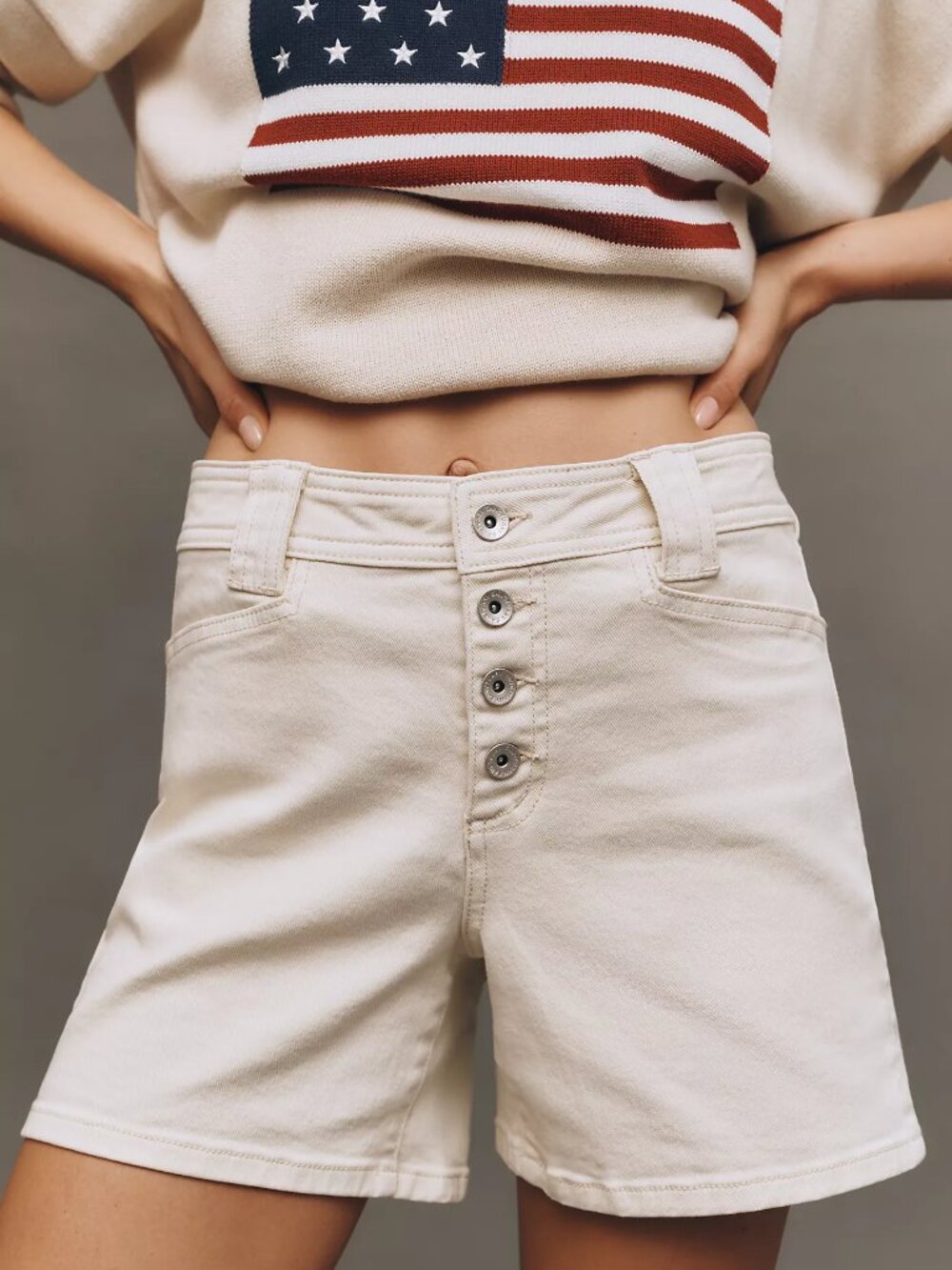 SANCTUARY X ANTHROPOLOGIE Luna Button Fly Denim Shorts, Cream, Women's Size 29